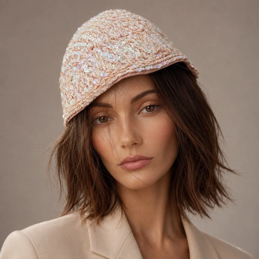 Vintage Style Pink Sequin Cloche Hat Iridescent Beaded Cocktail Skull Cap